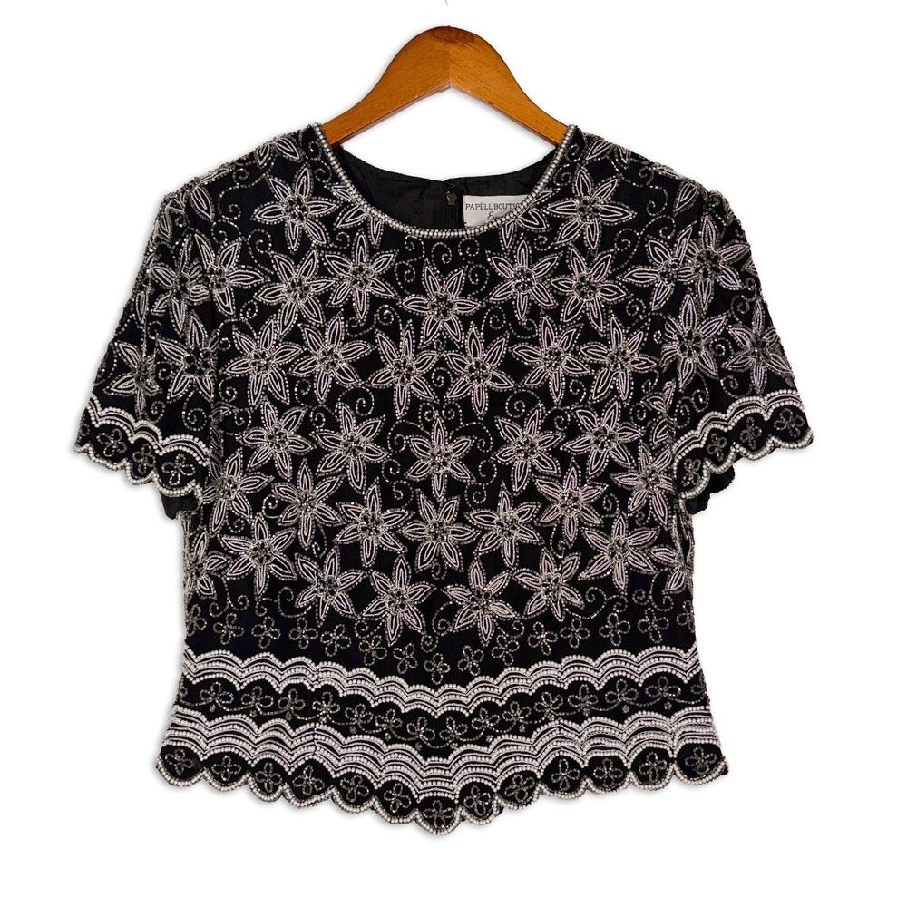 Papell Boutique Evening Silk Beaded Top Large Black Silver Floral Formal Blouse